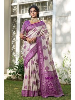 Mysilklove - Classic Cream Woven Banarasi Saree with Unstitched Blouse