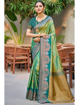 Mysilklove - Sage Green Woven Banarasi Saree with Unstitched Blouse