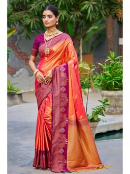 Mysilklove - Smashed Orange Woven Banarasi Saree with Unstitched Blouse