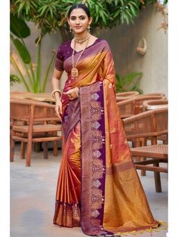 Mysilklove - Rust Orange Woven Banarasi Saree with Unstitched Blouse
