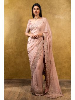 Nitika Gujral - Rose Pink Chiffon Booti Saree with Stitched Blouse