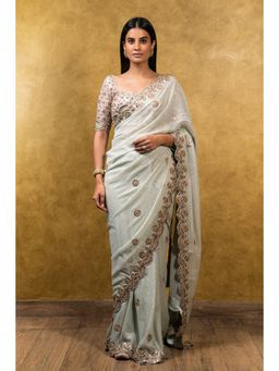 Nitika Gujral - Sea Foam Green Georgette Saree with Stitched Blouse
