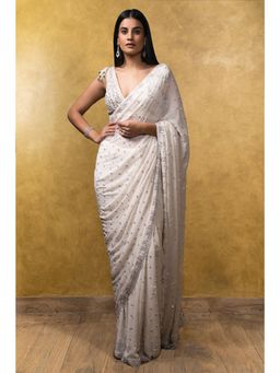 Nitika Gujral - Off White Georgette Saree with Stitched Blouse