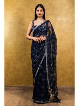 Nitika Gujral - Navy Blue Tulle Saree with Stitched Blouse