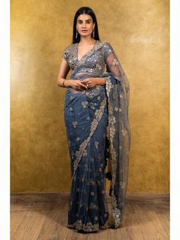 Nitika Gujral - Stone Blue Tulle Saree with Stitched Blouse