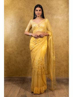 Nitika Gujral - Sunburst Yellow Tulle Saree with Stitched Blouse