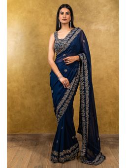 Nitika Gujral - Midnight Blue Georgette Saree with Stitched Blouse