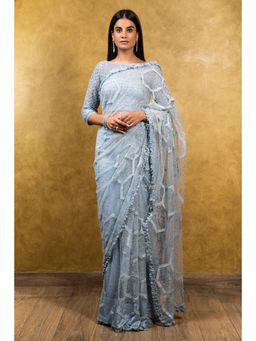 Nitika Gujral - Powder Blue Tulle Patchwork Saree with Stitched Blouse