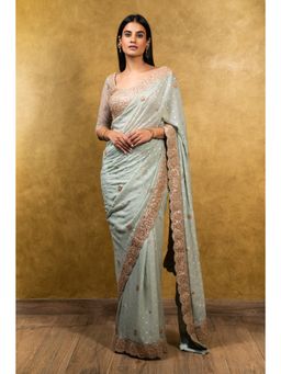 Nitika Gujral - Jade Green Chiffon Booti Saree with Stitched Blouse