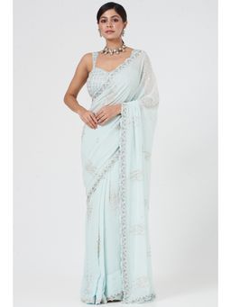 Nitika Gujral - Aqua Blue Georgette Saree with Stitched Blouse