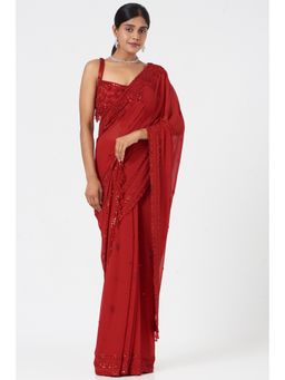 Nitika Gujral - Red Georgette Saree with Stitched Blouse