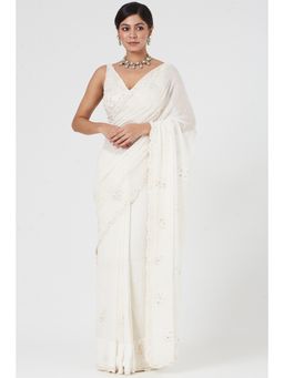 Nitika Gujral - White Georgette Saree Set with Stitched Blouse