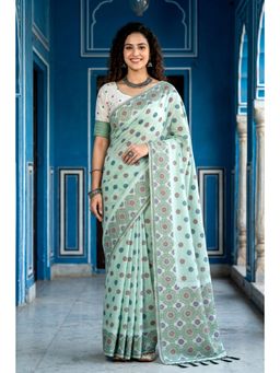 Sangam Prints - Pastel Mint Green Woven Work Traditional Saree with Unstitched Blouse