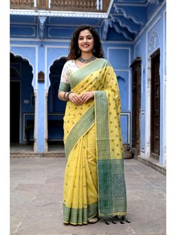 Sangam Prints - Lemon Yellow Woven Work Traditional Saree with Unstitched Blouse