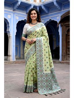 Sangam Prints - Pastel Green Woven Work Traditional Saree with Unstitched Blouse