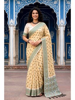 Sangam Prints - Beige Woven Work Traditional Saree with Unstitched Blouse