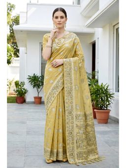 Sangam Prints - Mustard Gold Woven Work Traditional Saree with Unstitched Blouse