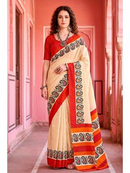 Sangam Prints - Cream Woven Work Traditional Saree with Unstitched Blouse