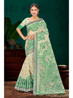 Sangam Prints - Cream Woven Work Traditional Saree with Unstitched Blouse
