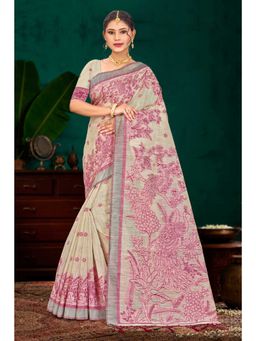 Sangam Prints - Cream Woven Work Traditional Saree with Unstitched Blouse