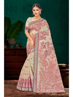 Sangam Prints - Cream Woven Work Traditional Saree with Unstitched Blouse