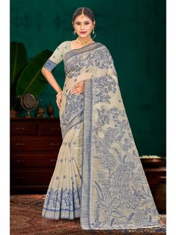Sangam Prints - Cream Woven Work Traditional Saree with Unstitched Blouse