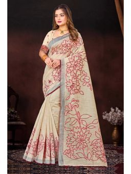 Sangam Prints - Cream Woven Work Traditional Saree with Unstitched Blouse