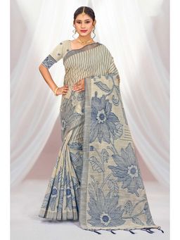 Sangam Prints - Cream Woven Work Traditional Saree with Unstitched Blouse