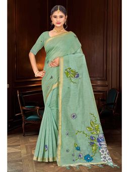 Sangam Prints - Mint Green Printed Traditional Saree with Unstitched Blouse