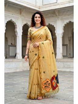 Sangam Prints - Mustard Yellow Woven Work Traditional Saree with Unstitched Blouse