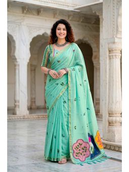 Sangam Prints - Turquoise Woven Work Traditional Saree with Unstitched Blouse