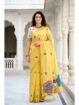 Sangam Prints - Lemon Yellow Woven Work Traditional Saree with Unstitched Blouse