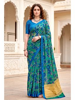 Sangam Prints - Peacock Green Woven Work Traditional Saree with Unstitched Blouse