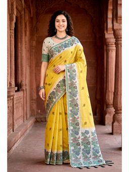 Sangam Prints - Haldi Yellow Woven Work Traditional Saree with Unstitched Blouse