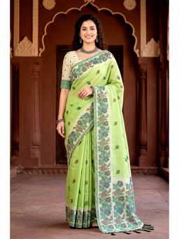 Sangam Prints - Pista Green Woven Work Traditional Saree with Unstitched Blouse
