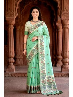 Sangam Prints - Mint Green Woven Work Traditional Saree with Unstitched Blouse