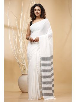 SLAGHA - Women White Cotton Blend Saree with Unstitched Blouse