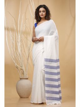 SLAGHA - Women White Cotton Blend Saree with Unstitched Blouse