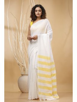 SLAGHA - Women White Cotton Blend Saree with Unstitched Blouse