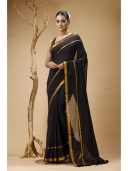 SLAGHA - Women's Black Ethnic Cotton Saree with Unstitched Blouse