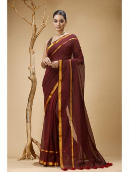 SLAGHA - Women's Maroon Ethnic Cotton Saree with Unstitched Blouse
