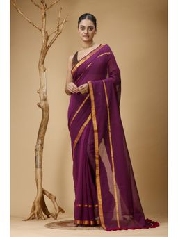 SLAGHA - Women's Purple Ethnic Cotton Saree with Unstitched Blouse