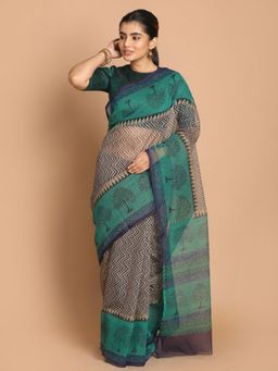 Indethnic - Green Printed Cotton Blend Saree with Unstitched Blouse