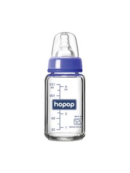 Hopop - Baby Glass Feeding Bottle with Anti Colic Nipple Dark Blue - 125 ml (0-3 months)