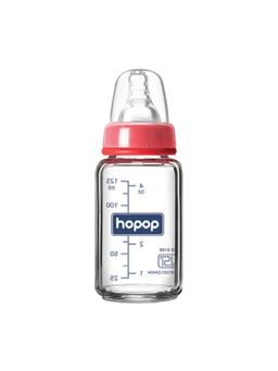 Hopop - Baby Glass Feeding Bottle with Anti Colic Nipple Red - 125 ml (0-3 months)