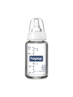 Hopop - Baby Glass Feeding Bottle with Anti Colic Nipple White - 125 ml (0-3 months)