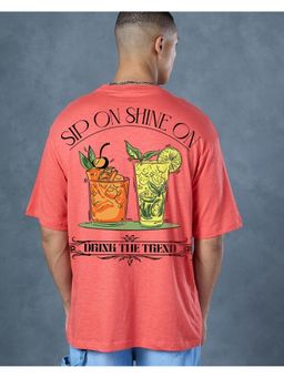 Bewakoof - Air 1.0 Men's Coral Pink Sip On Graphic Printed Oversized T-shirt