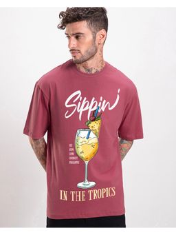 Bewakoof - Men's Slate Rose Sippin In The Tropic Graphic Printed Oversized T-shirt
