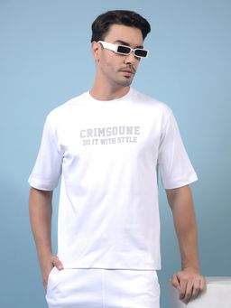 CRIMSOUNE CLUB - Men White Cotton Typography Oversized Fit T-Shirt