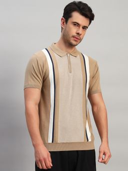 Cantabil - Men Beige Polycotton Stripes Regular Fit Polo T-Shirt